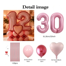Juego de 43 piezas de columnas con globos con números en rosa, que incluye globos de papel de aluminio con números rosas de 32 pulgadas (81,28 cm), globos de látex redondos de color rosa macaron y rojo metálico, adecuado para decoración de aniversario, cumpleaños, nupcial, boda, graduación, vacaciones, fiesta