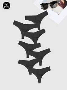 7 件装女士纯色内裤无缝内衣内裤纯色三角裤中腰性感 V 形腰部舒适透气女士内衣冰丝丁字裤贴身，黑色
