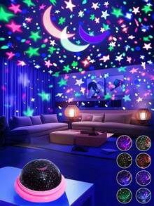 1pc Dreamlike Starry Sky Projection Lamp, Christmas Gift Small Night Light, Holiday Atmosphere Light, LED Romantic Starry Sky Projector, Stars & Moon - Multicolor - View 1