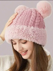 1pc Women's Cute Winter Pom-Pom Knit Hat, Retro Thickened Twisted Pom-Pom Earmuff Hat, Solid Color Casual Elegant Bohemian Street Style, Polyester Material, Autumn And Winter Style - 彩色 - 查看 1