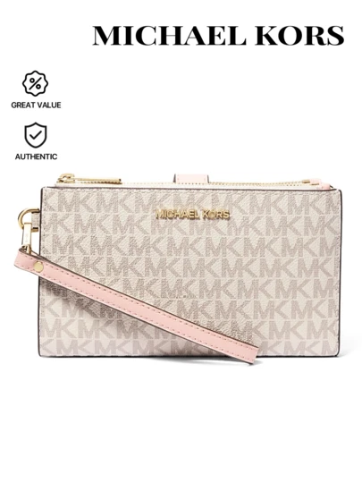 Michael Kors Jet Set Travel Signature Logo Smartphone Wallet PWD BLSH MLT - For Women Ladies Clutch Purses Card Case Small Wallet Bag Zip Wallets Handbag - Fashion Luxury Bags Stylish Design Leather - Travel Essentials Dai Ly Use - Gift Present