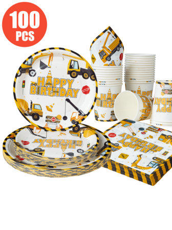 Excavator Happy Birthday Disposable Plates, Napkins, Cups - Excavator Themed Plates, Napkins And Cups Party Supplies, Fits 25 Guests, Disposable Paper Plates Party Tableware Suitable For Birthday, Wedding, Party, Family Picnic