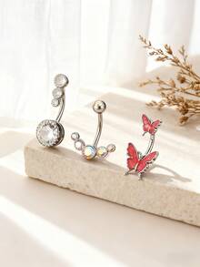 3pcs Women's Sexy Fashion Cubic Zirconia Butterfly Navel Rings, Suitable For Beach, Party, Holiday Themed Outfits And Personal Style Occasions