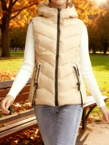 Women's Quilted Hooded Down Vest, Adjustable Drawstring Sleeveless Jacket - 杏色 - 查看 2
