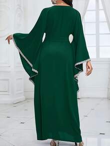 Guipure Lace Trim Bell Sleeve Gown, Elegant Tie-Waist Crew Neck Maxi Dress, Suitable For Spring And Autumn, Women Clothing - Green - View 5