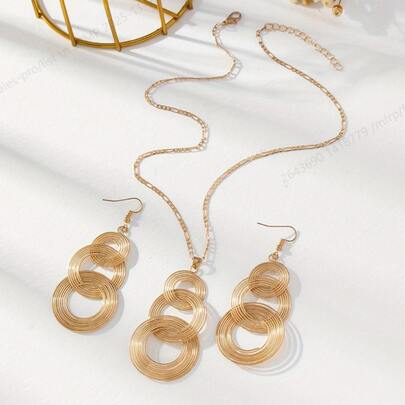 3pcs Vintage Geometric Multi-Layer Long Metal Hoop Earrings And Necklace Set, Retro Style Jewelry Gift For Women