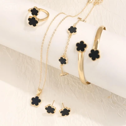 Conjunto de 6 peças de joias femininas elegantes - Design com trevo da sorte, inclui colar, pulseira, bracelete, anel e brincos