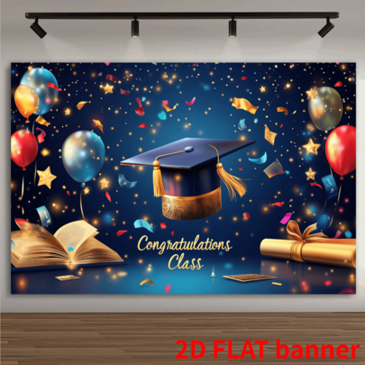 2D平面涤纶毕业派对背景布，深蓝色底，饰以金色星星和闪亮灯光，多功能装饰，适用于节日派对、庭院、工作室、家庭和花园庆祝活动，无需电源