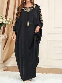 Turkish Long Gown Dress, Elegant Crew Collar Batwing Sleeve Dress, Women's Wear - Black - View 2