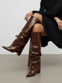 2025 New Knee High Boots For Women With Pointed Thick Heels And Solid Color Patterns Comfortable Fashionable Autumn  Winter Nightclub Party Motorcycle Combat Boots - 棕色石頭紋 - 查看 4