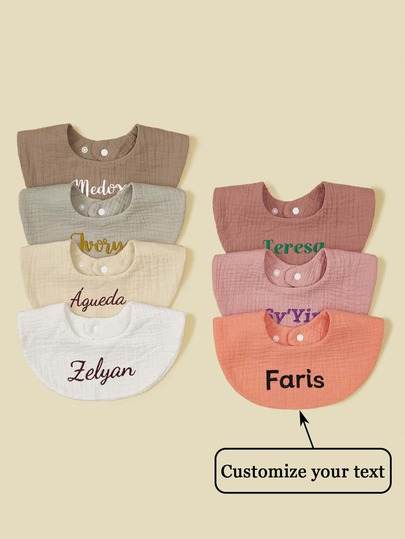 1pc Custom Text Embroidered Soft Absorbent Breathable Plain Color Round Baby Bib, Newborn Gift, Suitable For Baby Boys And Girls