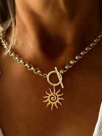 1件装不锈钢男士太阳吊坠项链，嘻哈朋克风格，适合作为男士礼物