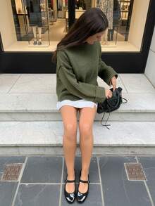 VIBEWAVE 新款绿色女式套头衫，厚实复古休闲风格打底针织上衣，秋冬 - 綠色 - 查看 2