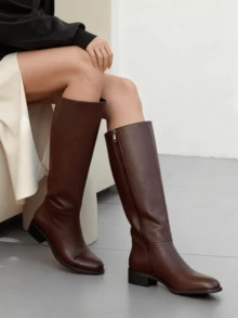 Women's Knee High Boots Round Toe Flat Wide Calf Long Boots Riding Boots Knight Boots Side Zipper Suitable For Outdoor Commuting Office - màu nâu sô cô la - Xem 1