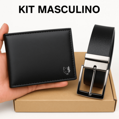 Kit Carteira Masculina e Cinto Masculino 125 CM Preto Com  Caixa Exclusiva Elegante Lobo - Couro PU