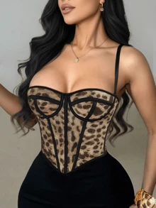 Apperloth A Y2K性感豹纹胸衣，女款，网纱镂空系带露背设计，可调节肩带，塑形短款文胸，适合夜店、节日、圣诞节、万圣节等场合。