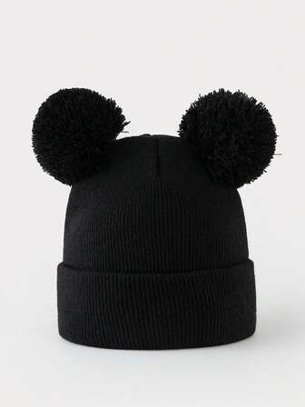 1 pieza Gorro de punto con pompones dobles de unicolor y versátil para mujer, adecuado para uso diario en otoño/invierno
