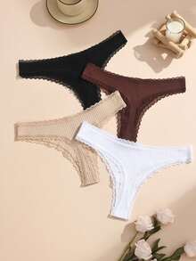 4条装彩色浪漫蕾丝拼接罗纹女士丁字裤，带可爱蝴蝶结，舒适棉质弹力女士内裤 - 彩色 - 查看 5