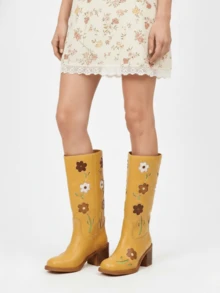 Western Boots For Women Flower Embroidery Mid Calf Boots Square Toe Chunky Block Heel Knee High Boots Low Heel Long Boots For Women Comfortable Casual Cowgirl Western Boots For Women Comfort Country Walking Shoes - 黃色 - 查看 5