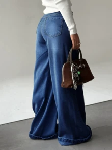 女士休闲水洗喇叭牛仔裤，纽扣细节，长款弹力面料，优雅休闲百搭派对风格，春季 - 深色水洗藍 - 查看 5