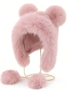 New Ladies Cute Fluffy Tassel Ball Pom Pom Design Bucket Hat With Kitten Ears Lei Feng Hat, Warm Outdoor Casual Cute Hat - 彩色 - 查看 9