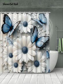 1/3/4件套蓝色蝴蝶和白色雏菊浴帘浴室套装，优雅花卉图案，防水耐磨，浴室装饰及配件，含12个挂钩 - 包括马桶盖套、浴垫和地毯，涤纶面料 - 可水洗 - 非常适合节日装饰、家居/卧室/住宅/西式/冬季装饰 - 彩色 - 查看 6