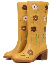Western Boots For Women Flower Embroidery Mid Calf Boots Square Toe Chunky Block Heel Knee High Boots Low Heel Long Boots For Women Comfortable Casual Cowgirl Western Boots For Women Comfort Country Walking Shoes - 黃色 - 查看 4