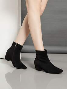 Round Toe High Heel Side Zipper Short Boots, Women Fashion Ankle Boots - Black - View 2