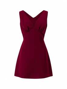 Jednolity kolor Elegancka swobodna szyfonowa sukienka midi z zamkiem błyskawicznym i falbanką na biuście, odpowiednia na plażę, wiosnę i lato