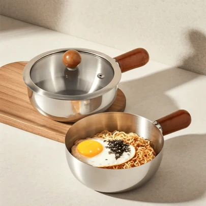 Stainless Steel Pot With Heat-Resistant Wooden Handle - Suitable For Induction Cooktop, Non-Slip Bottom, Even Heat Conduction, Ideal For Cooking Noodles, Also Suitable For Dorm, Office, RV, Single-Person Cooking - Essential Kitchen Item, Noodle Pot, Office Cookware