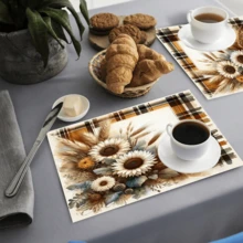 1 pieza/4 piezas/6 piezas Manteles individuales de lino con estampado de girasol, adecuados para mesa de comedor, decoración para todas las estaciones, manteles de mesa lavables modernos, decoración de habitación, posavasos, manteles de cocina y comedor, decoración de fiesta interior y exterior, decoración del hogar, regalo ideal