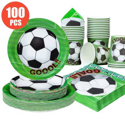 25pcs Soccer Theme Disposable Plates, Napkins And Cups Set, Suitable For 25 Guests, One-Time Paper Plates Party Supplies For Birthday, Wedding, Party, Family Picnic