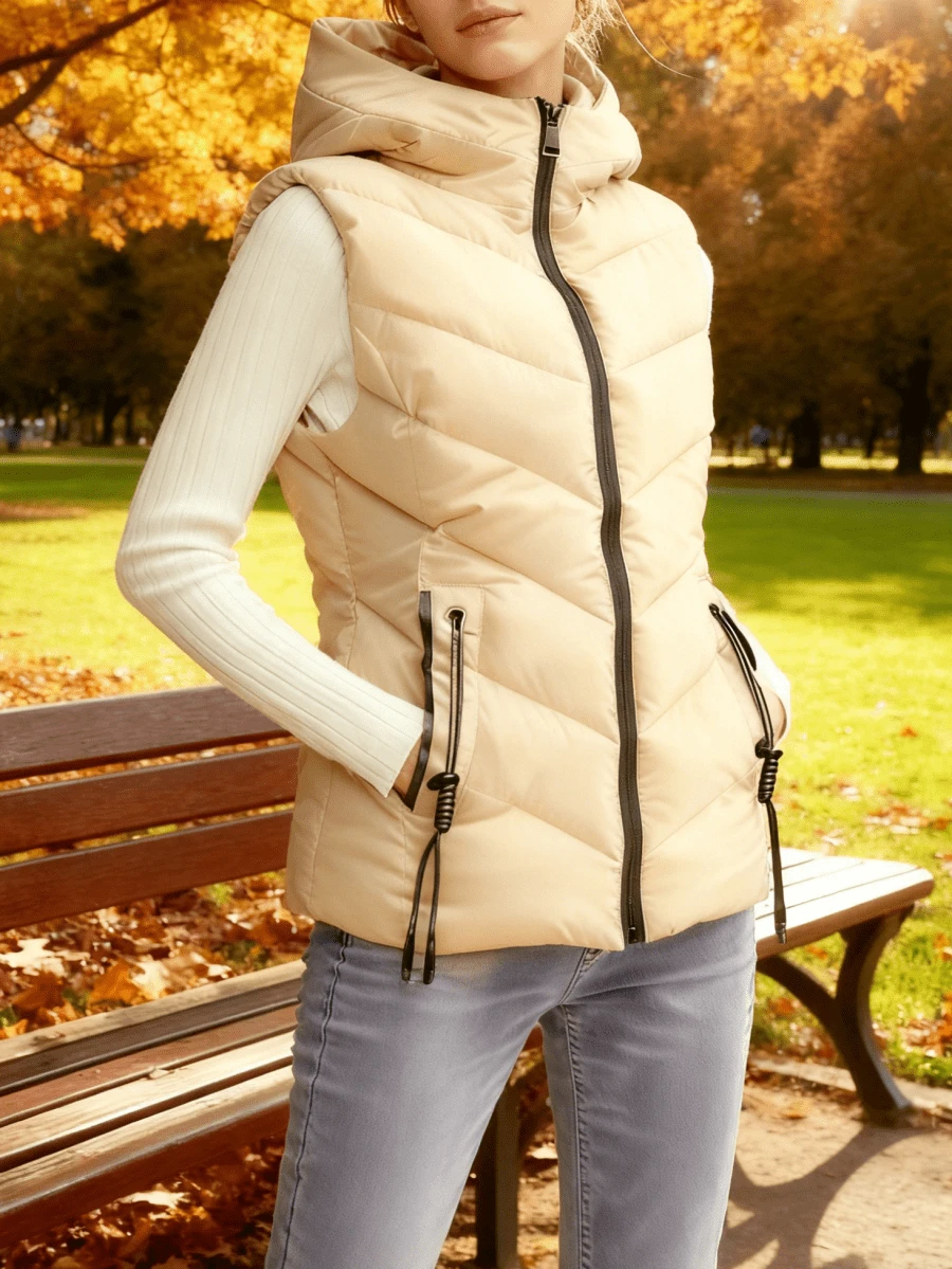 Women's Quilted Hooded Down Vest, Adjustable Drawstring Sleeveless Jacket - 杏色 - 查看 1