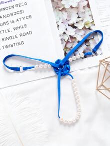 Quần lót nữ gợi cảm đính hạt ngọc trai giả, vòng trong suốt, họa tiết hoa, trang trí hoa, vật dụng thiết yếu cho bữa tiệc riêng tư, Giáng sinh, Năm mới 2026 - Màu xanh lam - Xem 2