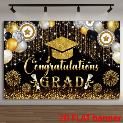 2D Flat 1 Graduation Party Banner - "Congratulations, We Are Very Proud To Serve You" Design, Featuring A Golden Hat And Balloon, Polyester Photo Background, Suitable For Home And Wall Decoration, Perfect For Graduation Celebration And Gifts, Graduation Party Decoration