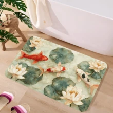 Waterproof Diatomaceous Earth Bath Mat With Colorful Koi Fish And Lotus Design, Quick Absorbent, Non Slip, Soft Decorative Floor Rug For Home Bathroom - 白色 - 查看 4