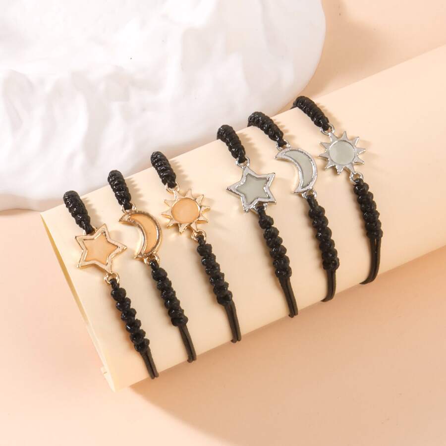 2pcs/3pcs Set Fashion Woven Luminous Heart, Sun & Moon Bracelets, Minimalist Couple/Friendship Jewelry Set, Glow-In-The-Dark Lucky Knot Bracelets - Multicolor - View 1