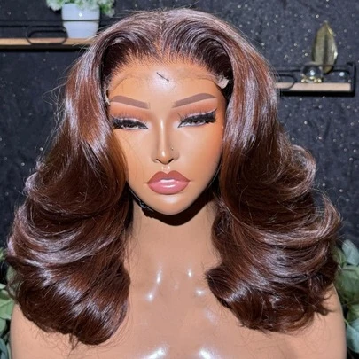 16英寸短款波波头假发，无需胶水，即戴即用，巧克力棕色直发，巴西真人发假发，13x4、13x6、5x5高清蕾丝前假发，易于佩戴，真人发混纺，200%密度，高清蕾丝前假发，女士保护性发型，透气帽，自然外观