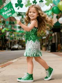 4-7 Years Old Girls' Summer Sleeveless Sequin Print Bodycon Dress, Soft Fabric, Party Style, Casual Everyday Wear, St. Patrick's Green - Green - View 6