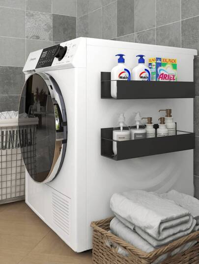 1个磁性侧边置物架，适用于冰箱和洗衣机 - 无需钻孔，时尚黑色金属面板，壁挂式调料架，非常适合存放洗衣用品