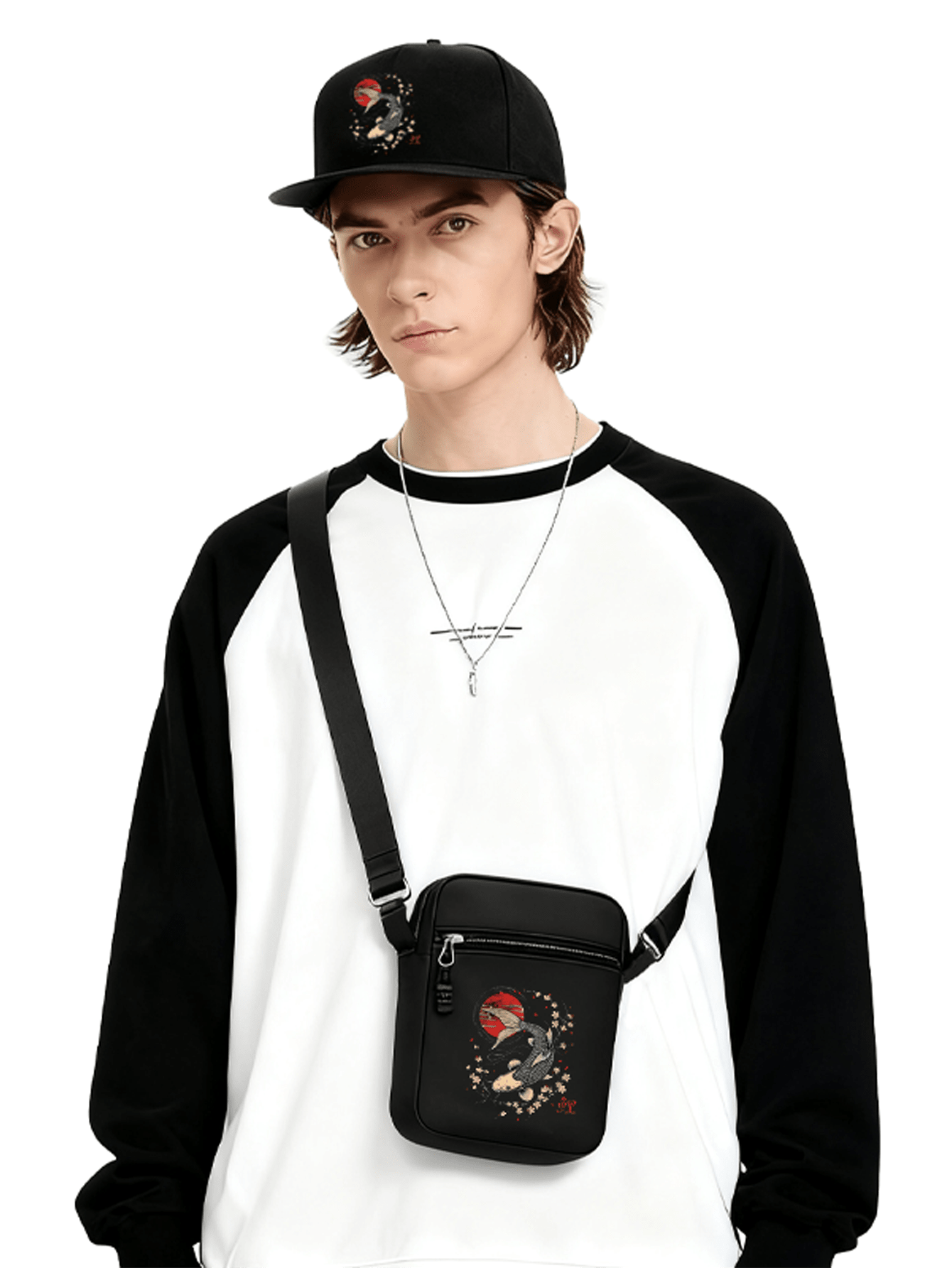 1件/2件装樱花锦鲤印花Y2K街头风棒球帽和斜挎包套装，可调节男女通用棒球帽和单肩包，送给自己和朋友的礼物 - 彩色 - 查看 2