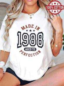 1PC 100% Cotton Made in 1988 Aged to Perfection Print Casual Short Sleeve TShirt for Women Trendy Style Top Tee (79) - Blanco - Ver 1