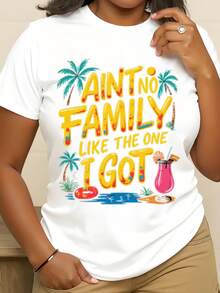 Plus Size Women T Shirt Aint No Family Like The One I Got Tropical Palm Tree And Cocktail Print Summer Holiday Casual Tee 220g - 白色 - 查看 1