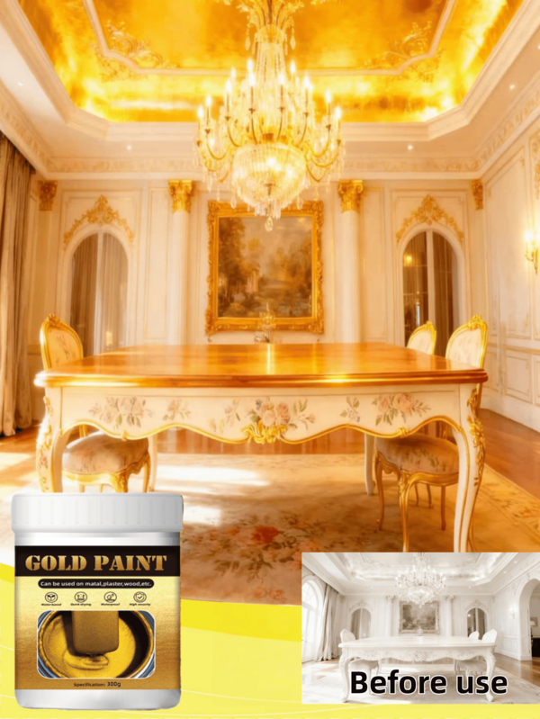 1pc 300g (Including Gloves And Brush) Waterproof Water-Based Gold Paint, Metal Paint, Decorative Gold Paint For Roman Columns, Outdoor Gold Foil Paint, Revitalizer For Roman Columns And Outdoor Fences, Shimmering Gold Metallic Paint