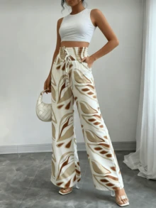 Wide-Leg Palazzo Pants With Pleated Waist, Made Of Fabric With Print, Sizes S M L - 卡其色和紅色 - 查看 4