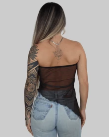 Women's Basic Translucent Tropical Floral Cropped Tube Top With Transparent Tulle, Strapless, Summer Style, Lining, Aitona - LEOPARD - View 3