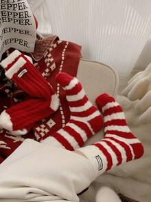 1/2 Paare, warm und bequem im Winter, rote Streifen, super weich und ultra weich, Neujahrs rote Socken, hergestellt aus Acryl- und Nylongewebe, sehr weich und bequem, geeignet für Männer und Frauen. - Rot-Weiß - Übersicht 4