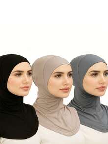 3pcs Women Fashion Solid Color Beanie Hat Set, Elastic Skull Cap Can Be Worn As Scarf, Suitable For Daily Wear - Multicolor - View 2