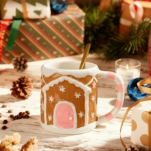 LECHENG HOUSEHOLD 1 Cup 1 Spoon, Gift Box, 400ml Christmas Ceramic Cookie House Mug, Red And Pink, Handmade Hand-Painted Mug, Coffee Cup, Water Cup, Decorative Cup, Hot Chocolate, Winter Cup, Thanksgiving, Christmas Gift, Christmas Eve Gift, Microwave/Dishwasher - Multicolor - View 7