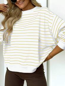 女士休闲黑白条纹长袖卫衣，舒适简约风格，秋季款 - 黃色 - 查看 4